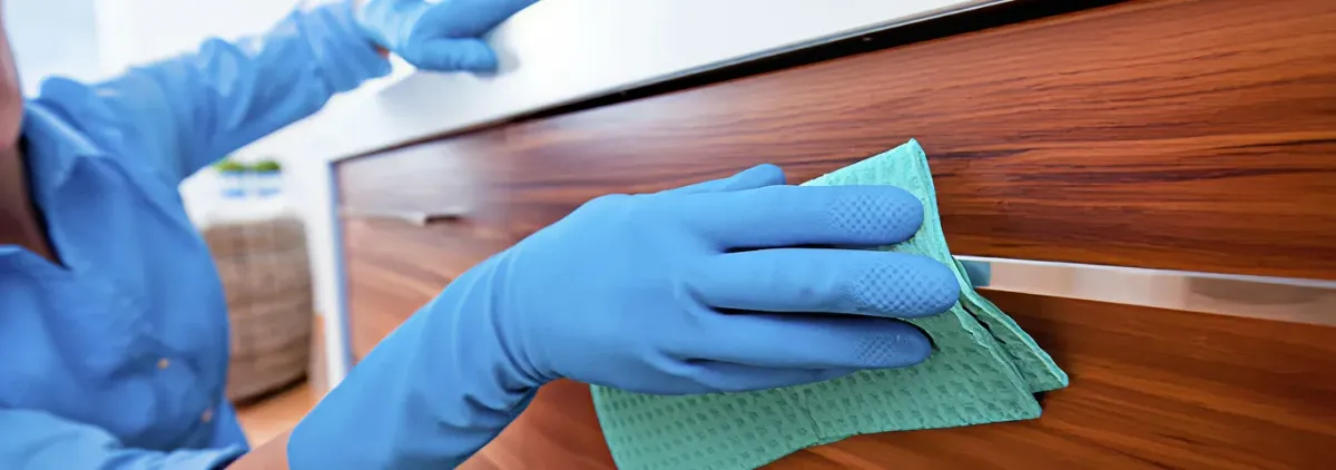 Cleaner wearing blue gloves wiping a wooden cabinet drawer with a microfiber cloth for dust and grime removal, San Diego, CA.